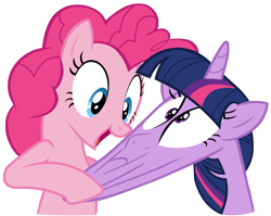 Size: 8800x7020 | Tagged: safe, artist:tardifice, imported from derpibooru, pinkie pie, twilight sparkle, alicorn, pony, twilight's kingdom, absurd resolution, cartoon physics, face pull, simple background, slapstick, transparent background, twilight sparkle (alicorn), vector, why the long face