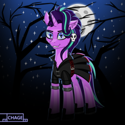 Size: 3840x3840 | Tagged: safe, artist:chage, imported from derpibooru, starlight glimmer, pony, unicorn, alternate hairstyle, clothes, edgelight glimmer, gameloft, gameloft interpretation, looking at you, night, skirt, solo