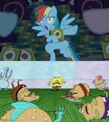 Size: 500x562 | Tagged: safe, artist:rarityvrymerzhmusic, editor:rarity vrymer collective, imported from derpibooru, screencap, rainbow dash, pegasus, pony, 28 pranks later, comparison, cookie zombie, female, incidental for more (spongebob), krabby patty, krabby patty creature feature, mare, modern spongebob, multicolored hair, multicolored mane, multicolored tail, open mouth, spongebob squarepants, spongebob squarepants (character), tail