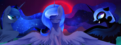 Size: 1280x481 | Tagged: safe, artist:kebchach, artist:kethup-me, imported from derpibooru, nightmare moon, princess luna, alicorn, pony, blood moon, female, lunar trinity, mare, moon, s1 luna, triality