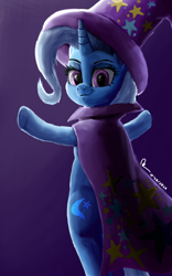 Size: 1600x2560 | Tagged: safe, artist:raphaeldavid, imported from derpibooru, trixie, bipedal, cape, clothes, gradient background, hat, looking back, trixie's cape, trixie's hat