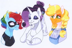 Size: 3789x2558 | Tagged: safe, artist:frozensoulpony, imported from derpibooru, applejack, rainbow dash, rarity, pony, clothes, corpse bride, costume, dorothy gale, nightmare night costume, traditional art