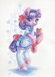 Size: 1200x1696 | Tagged: safe, artist:maytee, imported from derpibooru, starlight glimmer, pony, unicorn, alternate hairstyle, bipedal, chinese dress, clothes, colored pencil drawing, dress, fan, traditional art