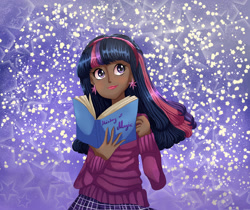 Size: 3445x2894 | Tagged: safe, artist:theladysknight, imported from derpibooru, twilight sparkle, human, blushing, book, clothes, dark skin, ear piercing, earring, female, hairband, humanized, jewelry, lipstick, makeup, piercing, skirt, solo, sweater