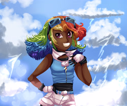 Size: 3445x2894 | Tagged: safe, artist:theladysknight, imported from derpibooru, rainbow dash, human, alternate hairstyle, belt, clothes, cloud, dark skin, ear piercing, earring, female, gloves, goggles, grin, humanized, jacket, jewelry, piercing, shorts, sky, sleeveless, smiling, solo, sports shorts, tanktop