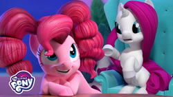 Size: 600x338 | Tagged: safe, imported from derpibooru, screencap, pinkie pie, rarity, hello pinkie pie, alternate hairstyle, duo, hair dye, pigtails, twintails