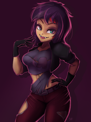 Size: 744x1000 | Tagged: safe, artist:the-park, imported from derpibooru, sunset shimmer, human, vampire, costume conundrum, equestria girls, equestria girls series, spoiler:eqg series (season 2), :p, clothes, costume, fangs, female, gloves, halloween, halloween costume, looking at you, pants, ripped pants, smiling, solo, tongue out, torn clothes, vampire shimmer, wig