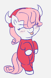 Size: 281x431 | Tagged: safe, artist:heretichesh, imported from derpibooru, oc, oc:lyrabop, earth pony, pony, blushing, clothes, costume, devil, devil horns, eyes closed, female, filly, mlem, silly, standing, tongue out