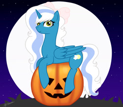 Size: 1600x1397 | Tagged: safe, artist:princessmoonsilver, imported from derpibooru, oc, oc only, oc:fleurbelle, alicorn, pony, alicorn oc, bow, female, hair bow, horn, lying down, mare, moon, night, pumpkin, smiling, solo, stars, wings, yellow eyes