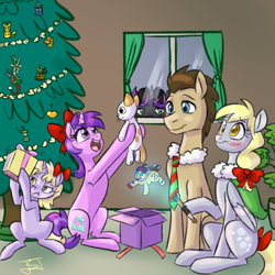 Size: 1280x1280 | Tagged: safe, artist:jitterbugjive, imported from derpibooru, amethyst star, derpy hooves, dinky hooves, discord, doctor whooves, sparkler, time turner, oc, oc:neosurgeon, oc:warden, draconequus, earth pony, pegasus, pikachu, pony, unicorn, lovestruck derpy, apple of discord, christmas, christmas ornament, christmas ornaments, christmas tree, dalek, decoration, doctor who, female, filly, hearth's warming eve, hearth's warming tree, holiday, hologram, male, mare, necktie, pokémon, present, sonic screwdriver, stallion, tardis, teenager, the doctor, tree