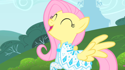 Size: 1280x720 | Tagged: safe, imported from derpibooru, screencap, fluttershy, pegasus, pony, green isn't your color, ^^, clothes, eyes closed, nudie suit, smiling, solo
