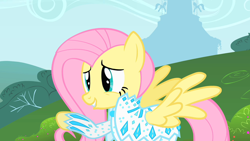 Size: 1280x720 | Tagged: safe, imported from derpibooru, screencap, fluttershy, pegasus, pony, green isn't your color, clothes, nudie suit, solo