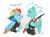 Size: 2018x1497 | Tagged: safe, artist:luciferamon, imported from derpibooru, fleetfoot, rainbow dash, pegasus, pony, semi-anthro, alternate hairstyle, assault rifle, blushing, clothes, commissioner:fleetfoot, dialogue, duo, duo female, female, fleetdash, gun, lesbian, looking at each other, rifle, shipping, simple background, sweat, uniform, weapon