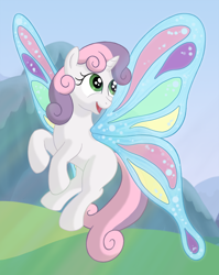 Size: 1528x1920 | Tagged: safe, artist:nebulastar985, imported from derpibooru, sweetie belle, pony, butterfly wings, female, filly, flying, looking back, looking up, outdoors, solo, wings