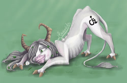 Size: 2963x1938 | Tagged: safe, artist:cvanilda, imported from derpibooru, oc, oc only, original species, pony, face down ass up, horns, leonine tail, solo