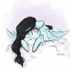 Size: 2362x2362 | Tagged: safe, artist:cvanilda, imported from derpibooru, oc, oc only, oc:sky secret, pegasus, pony, cloud, female, mare, on a cloud, pegasus oc, signature, solo, wings