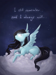 Size: 2122x2826 | Tagged: safe, artist:cvanilda, imported from derpibooru, oc, oc only, oc:sky secret, pegasus, pony, choker, cloud, crying, female, glowing eyes, hair tie, lying down, mare, night, on a cloud, pegasus oc, prone, solo, spread wings, stars, text, wings
