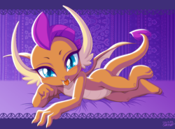 Size: 1200x890 | Tagged: safe, artist:uotapo, imported from derpibooru, smolder, dragon, :p, bed, blushing, cute, dragoness, draw me like one of your french girls, female, looking at you, smolderbetes, solo, tongue out, uotapo is trying to murder us, weapons-grade cute