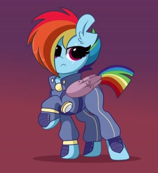 Size: 3732x4096 | Tagged: safe, artist:kittyrosie, artist:xebck, imported from derpibooru, rainbow dash, pony, the cutie re-mark, alternate timeline, amputee, apocalypse dash, armor, artificial wings, augmented, badass, clothes, crystal war timeline, cute, dashabetes, female, frown, glare, gradient background, prosthetic limb, prosthetic wing, prosthetics, scar, simple background, solo, torn ear, uniform, wings