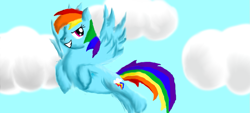 Size: 1051x475 | Tagged: safe, artist:maverickmam, imported from derpibooru, rainbow dash, pegasus, pony, cloud, female, flying, grin, mare, smiling, solo