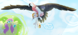 Size: 2973x1345 | Tagged: safe, artist:kazoowary, imported from derpibooru, fluttershy, oc, oc:bird cherry, bird, earth pony, pegasus, pony, colored hooves, feather, female, filly, flying, lammergeier, mare, molting, nervous, offspring, parent:cheese sandwich, parent:fluttershy, parents:fluttersandwich, worried
