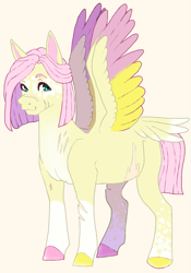 Size: 725x1036 | Tagged: safe, artist:corisodapop, imported from derpibooru, fluttershy, pony, alternate design, alternate hairstyle, colored wings, multicolored wings, pink background, scar, simple background, solo, tail feathers, wings