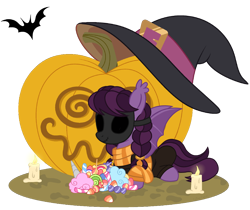 Size: 1200x1007 | Tagged: safe, artist:pgthehomicidalmaniac, imported from derpibooru, oc, oc only, oc:trickster treat, bat pony, pony, candle, candy, female, food, halloween, hat, holiday, jack-o-lantern, lying down, mare, mask, prone, pumpkin, simple background, solo, transparent background, witch hat