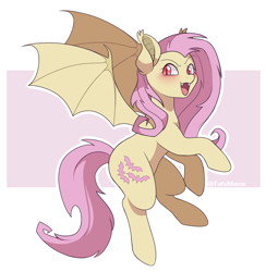 Size: 1310x1344 | Tagged: safe, artist:fafameow, imported from derpibooru, fluttershy, bat pony, pegasus, pony, bats!, bat ponified, blushing, cute, fangs, female, flutterbat, mare, race swap, red eyes, shyabates, shyabetes, solo
