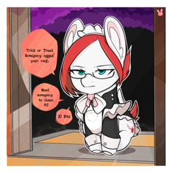 Size: 1200x1200 | Tagged: safe, artist:sugarelement, imported from derpibooru, oc, oc only, oc:red cherry, pegasus, pony, clothes, glasses, halloween, holiday, maid, maid headdress, sitting, solo, trick or treat, unamused