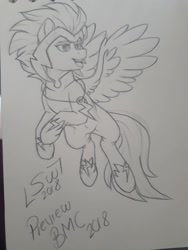 Size: 720x960 | Tagged: safe, artist:silentwolf-oficial, imported from derpibooru, zapp, pegasus, pony, lineart, power ponies, signature, solo, traditional art