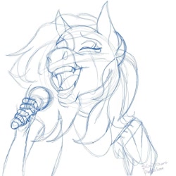 Size: 1080x1080 | Tagged: safe, artist:stargazerseven, imported from derpibooru, oc, oc only, oc:starfall, anthro, earth pony, bust, earth pony oc, eyes closed, lineart, microphone, monochrome, signature, singing, solo
