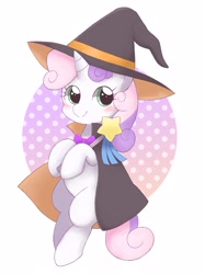 Size: 1912x2559 | Tagged: dead source, safe, artist:arrow__root, artist:ginmaruxx, imported from derpibooru, sweetie belle, pony, unicorn, abstract background, blank flank, blushing, bowtie, cape, clothes, costume, cute, diasweetes, female, filly, halloween, halloween costume, hat, holiday, magic wand, solo, witch, witch hat