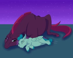 Size: 1280x1024 | Tagged: safe, artist:stargazerseven, imported from derpibooru, tempest shadow, oc, pegasus, pony, unicorn, broken horn, duo, eye scar, female, filly, horn, mare, mother and child, mother and daughter, night, offspring, one eye closed, parent:tempest shadow, pegasus oc, scar, sleeping, wings, wink