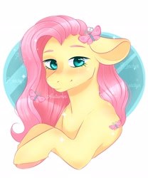 Size: 2160x2600 | Tagged: safe, artist:peachieswrld, imported from derpibooru, fluttershy, butterfly, pony, abstract background, bust, cute, female, hair accessory, high res, mare, shyabetes, solo, unshorn fetlocks
