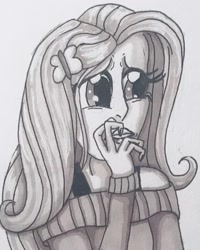 Size: 1080x1350 | Tagged: safe, alternate version, artist:stargazerseven, imported from derpibooru, fluttershy, human, bust, clothes, grayscale, humanized, monochrome, solo, thinking, traditional art