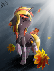 Size: 1021x1343 | Tagged: safe, alternate version, artist:yuris, imported from derpibooru, oc, oc only, oc:java, pony, unicorn, alternate character, butt, clothes, floppy ears, horn, leaves, plot, rain, socks, solo, striped socks, unicorn oc, wet, wet mane