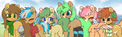 Size: 4962x1500 | Tagged: safe, artist:angelbeat-drift, derpibooru exclusive, imported from derpibooru, oc, oc only, oc:clementine, oc:clover springs, oc:jade sprockett, oc:olive branch, oc:tori, oc:valencia orange, deer, deer pony, earth pony, original species, pegasus, unicorn, amputee, ascot, biting, blank flank, blushing, clothes, clover, collar, cute, cutie mark, female, field, freckles, group, grumpy, height difference, looking at each other, looking back, mare, markings, nom, nom train, prosthetic leg, prosthetic limb, prosthetics, scarf, smiling, socks, spots, sweater, tail bite, tail noms, thigh highs