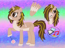 Size: 2560x1920 | Tagged: safe, artist:twin-fan, imported from derpibooru, oc, oc only, alicorn, pony, abstract background, alicorn oc, bust, computer, ear piercing, female, hair over one eye, horn, laptop computer, mare, piercing, raised hoof, reference sheet, unshorn fetlocks, wings