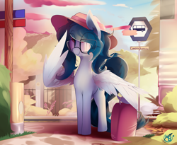 Size: 3538x2902 | Tagged: safe, artist:nevobaster, imported from derpibooru, oc, oc only, oc:delta vee, pegasus, pony, bus stop, cute, eye clipping through hair, female, glasses, hat, mare, ocbetes, smiling, solo, suicase, suitcase, university, wing hold, wings, younger