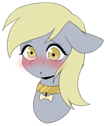 Size: 4206x5007 | Tagged: safe, artist:torihime, imported from derpibooru, derpy hooves, pegasus, pony, blushing, bone, bust, collar, commission, cute, derpabetes, female, mare, open mouth, pet tag, simple background, solo, transparent background, ych result