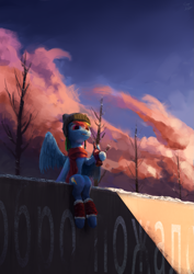 Size: 1187x1680 | Tagged: safe, artist:smg11-on-ddjrb, imported from derpibooru, rainbow dash, pegasus, pony, clothes, cloud, coca-cola, cyrillic, drink, drinking, female, hat, leg warmers, mare, scarf, sitting, solo, straw, winter, winter outfit