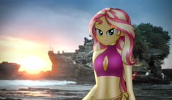 Size: 4096x2384 | Tagged: safe, artist:aryatheeditor, derpibooru exclusive, imported from derpibooru, sunset shimmer, equestria girls, adorasexy, beach, bedroom eyes, belly, belly button, bikini, bikini top, boob window, breasts, cleavage, clothes, cute, digital art, female, flower, geode of empathy, looking at you, magical geodes, outfit, photo, real life background, sarong, sexy, shimmerbetes, skirt, sleeveless, solo, sunset, swimsuit, wallpaper