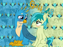 Size: 1600x1200 | Tagged: safe, artist:cloudy glow, artist:cloudyglow, edit, editor:double-p1997, imported from derpibooru, gallus, sandbar, earth pony, griffon, pony, blushing, gallbar, gay, interspecies, male, poster, shipping, sitting, teenager