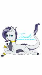 Size: 720x1280 | Tagged: safe, artist:lisaartista365, imported from derpibooru, oc, oc only, oc:jewel, dracony, dragon, hybrid, pony, bracelet, dracony oc, female, interspecies offspring, jewelry, leonine tail, lying down, necklace, next generation, offspring, parent:rarity, parent:spike, parents:sparity, simple background, tongue out, white background