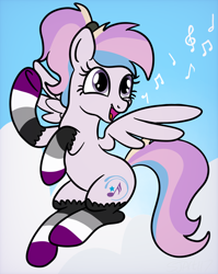 Size: 1536x1928 | Tagged: safe, artist:sjart117, imported from derpibooru, oc, oc only, oc:orient duetta wonder, pony, asexual, asexual awarness week, asexual pride flag, asexuality, clothes, cloud, female, flying, freckle, happy, mare, mole, music notes, pride, pride flag, pride socks, singing, sky, smiling, socks, solo, striped socks