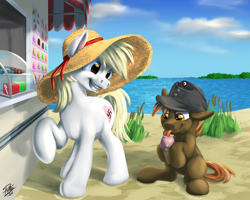 Size: 2500x2000 | Tagged: safe, artist:potes, button mash, oc, oc:aryanne, earth pony, pony, art pack:marenheit 451, colt, female, floppy ears, food, hat, ice cream, lake, licking, male, mare, nazi, raised hoof, signature, sitting, smiling, sun hat, tongue out, water