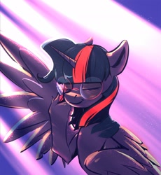 Size: 1920x2087 | Tagged: safe, artist:kerpupu, twilight sparkle, alicorn, pony, crepuscular rays, eyes closed, female, glasses, hooves, horn, mare, smiling, solo, twilight sparkle (alicorn), wings