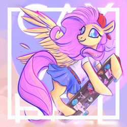 Size: 2000x2000 | Tagged: safe, artist:kerpupu, fluttershy, pegasus, pony, abstract background, backwards ballcap, baseball cap, bipedal, bipedal leaning, cap, clothes, female, hat, leaning, looking at you, mare, skateboard, skirt, solo, wings