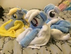 Size: 600x450 | Tagged: safe, artist:siamchuchusplushies, bloo, cotton cloudy, derpy hooves, pegasus, pony, unicorn, beanie, beanie (plushie), bed, bedroom, female, filly, hat, irl, mare, photo, plushie