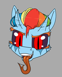 Size: 794x1000 | Tagged: safe, artist:dacaoo, imported from derpibooru, rainbow dash, demon, demon pony, original species, black sclera, drool, drool string, fangs, forked tongue, gray background, head only, horn, horn piercing, horns, long tongue, piercing, simple background, slit eyes, species swap, tongue out